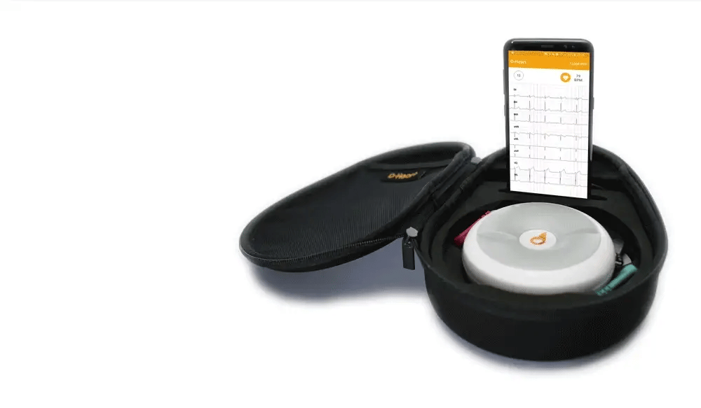 D-Heart ECG device in its case with a smartphone